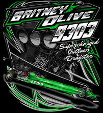 Load image into Gallery viewer, Britney Olive - Supercharged Outlaw Dragster - Two Position Print Tee Shirt