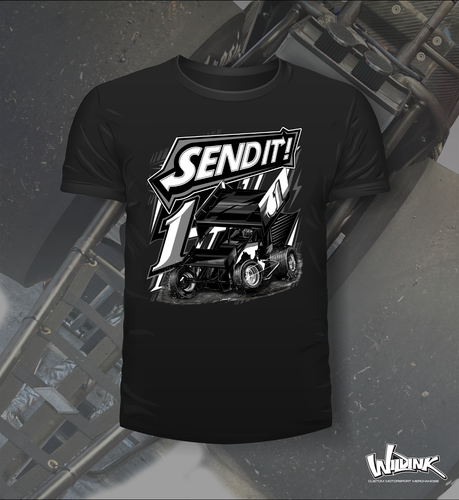 Black and white tee shirt of black sprint car saying send it