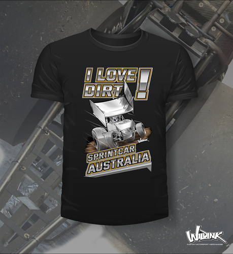 T Shirt with a silver sprint car saying I Love Dirt Sprintcar Australia