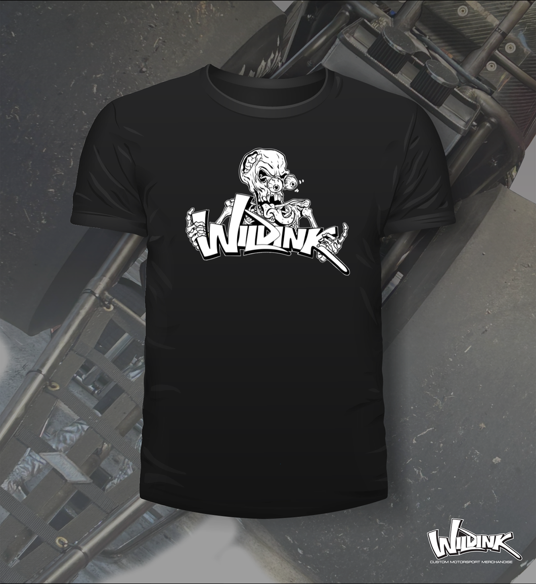 Black Tee with moster skull image and Wildink Text