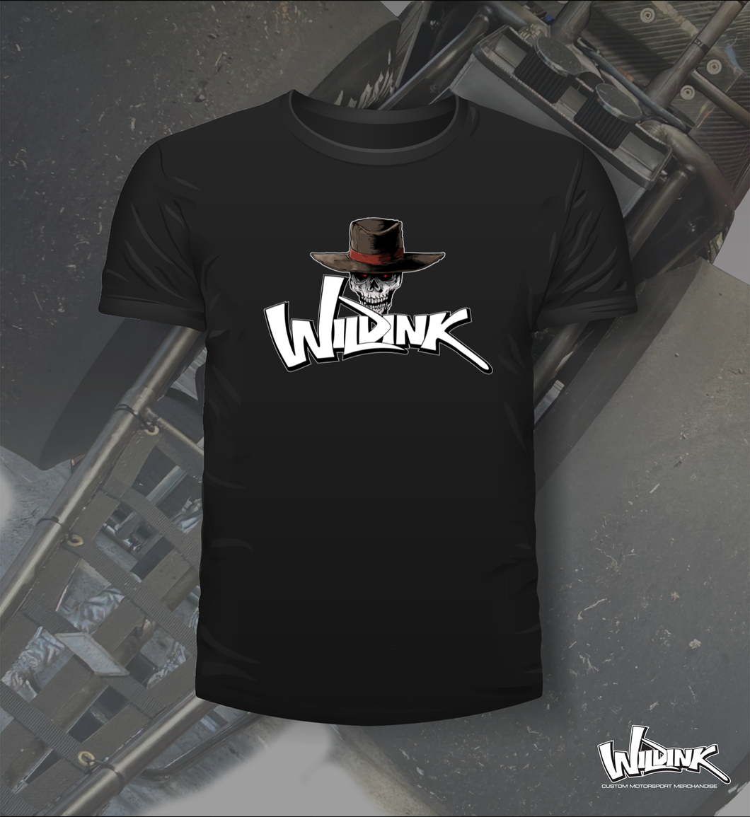 Skulls wearing a cowboy hat on Wildink branded black tee